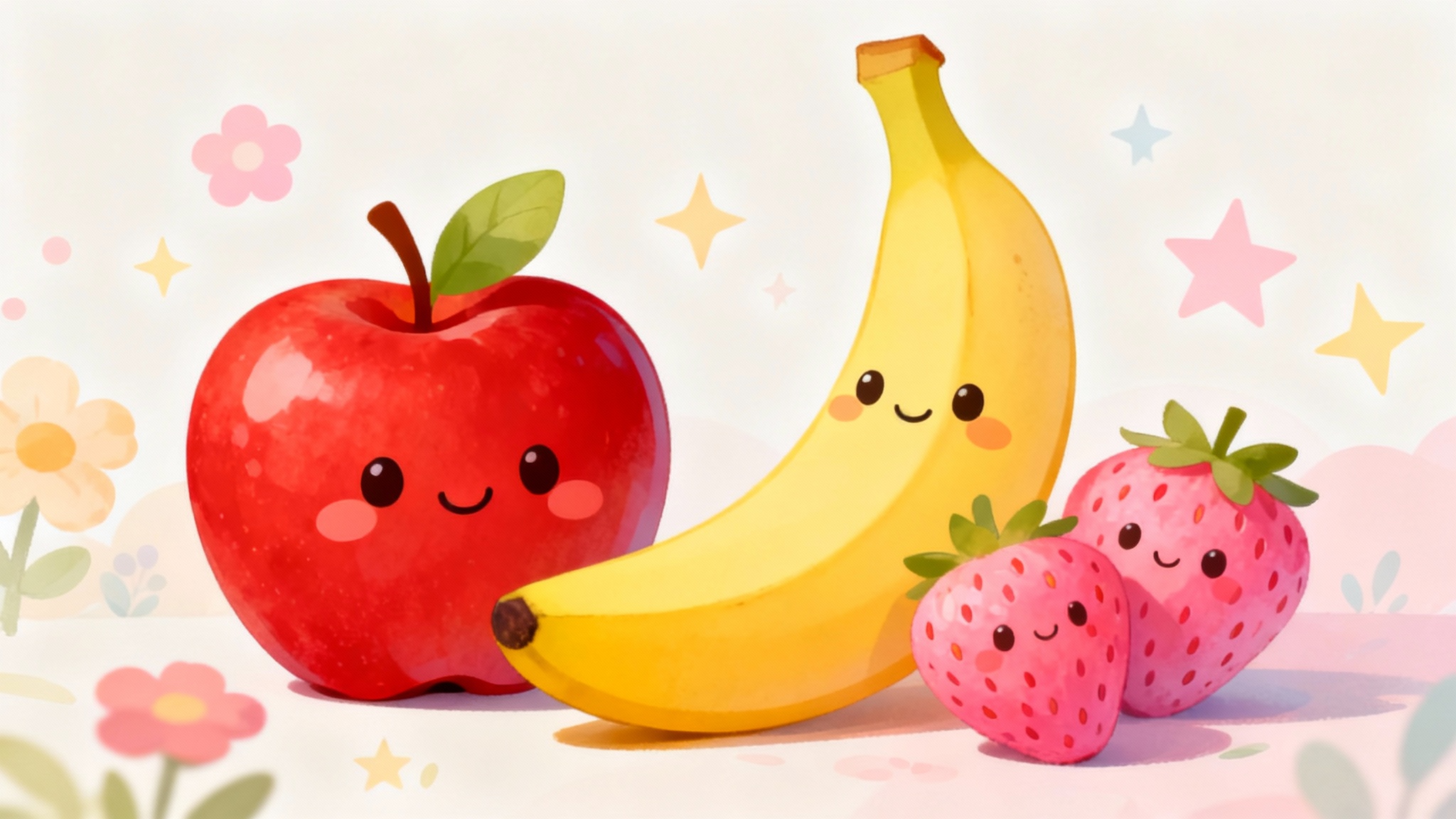A finished and beautifully colored kawaii coloring page showing cute, smiling fruits like a red apple and yellow banana, colored in with vibrant pastel shades.