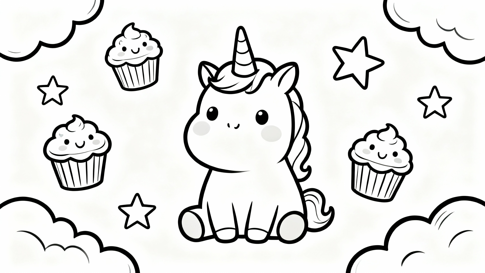 A black and white line art coloring page in the kawaii style, featuring a cute unicorn surrounded by smiling cupcakes, stars, and clouds, ready to be colored.