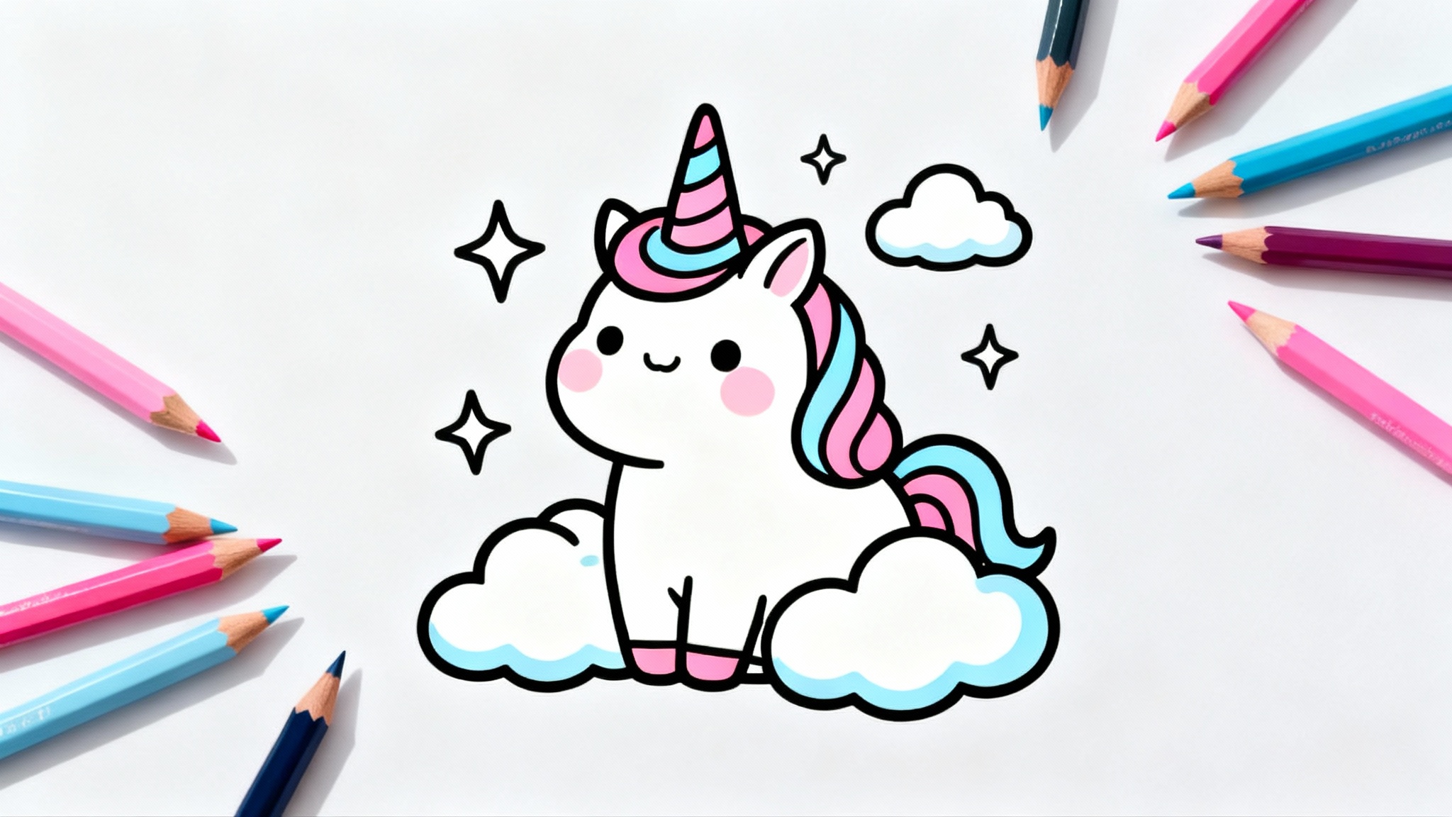 A flat lay image of a kawaii unicorn coloring page, partially colored with pastel pink and blue, with colored pencils lying next to it on a white background.