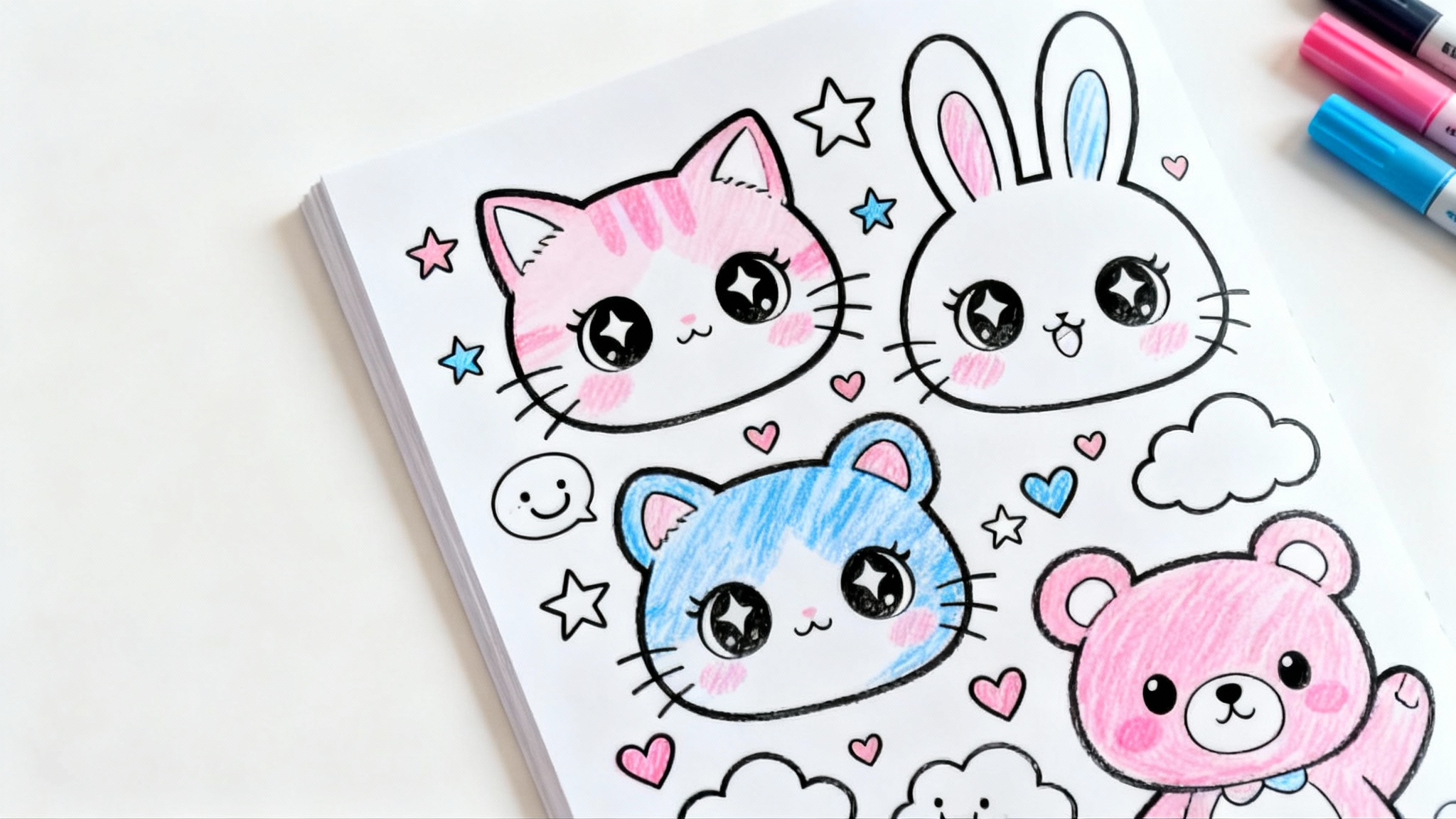 A top-down view of a kawaii coloring page with cute animals, partially colored in with pastel crayons, on a clean white background.