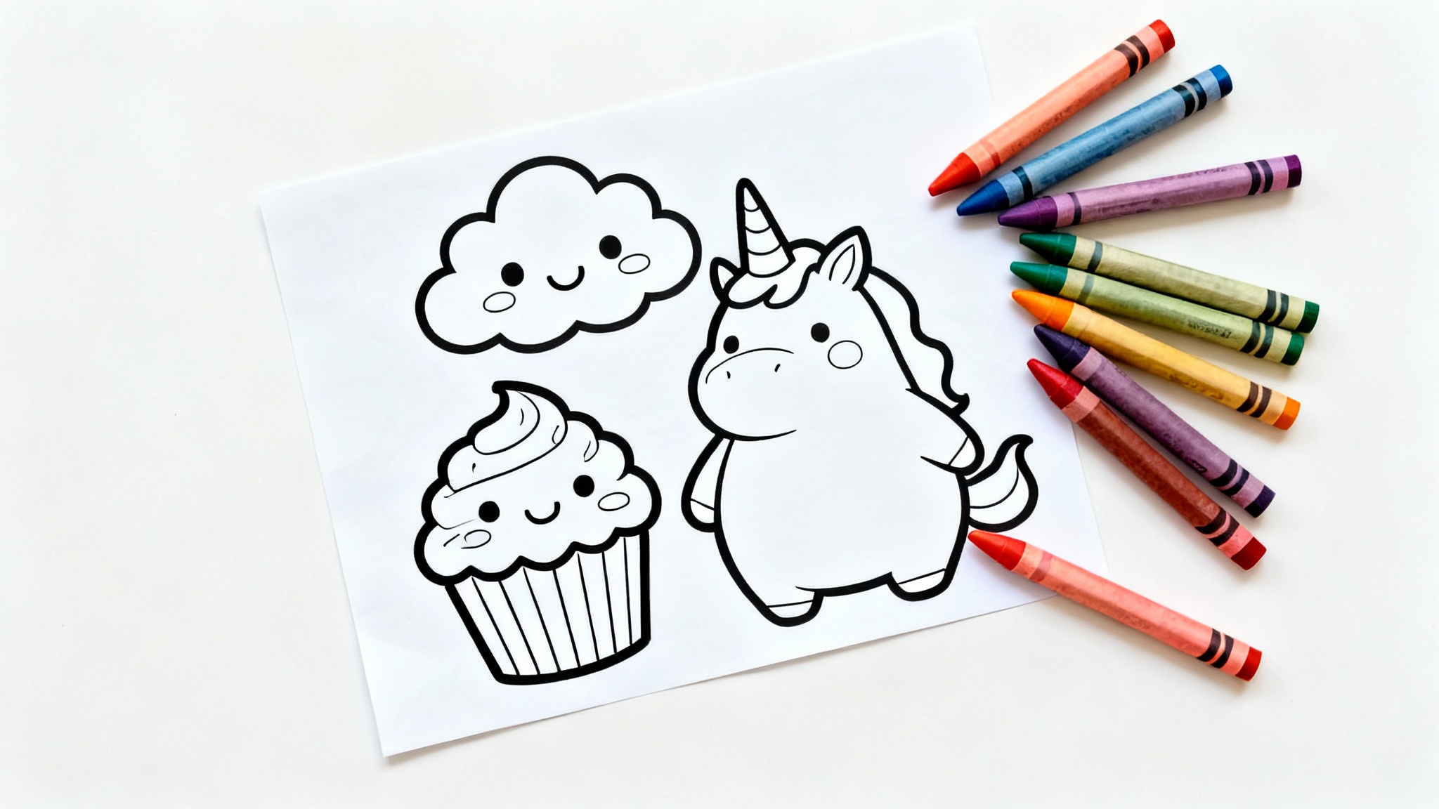 A flat lay image of a kawaii-style coloring page with black line art of a cute cupcake, cloud, and unicorn, with several colorful crayons placed next to it on a white background.