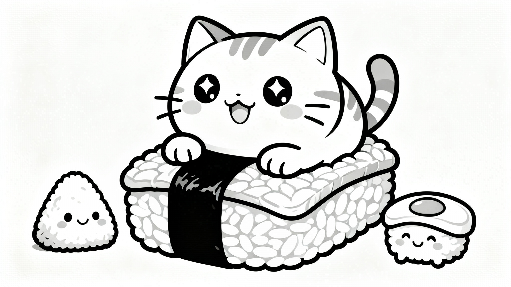A black and white kawaii-style coloring page featuring a cute cat-sushi character surrounded by other smiling Japanese food items, all with bold outlines on a white background.