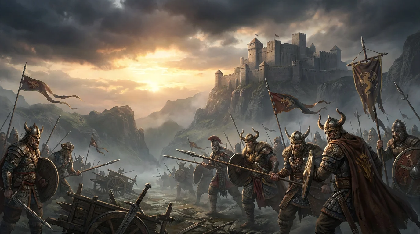 A cinematic concept art piece depicting an army of ancient warriors on a misty battlefield at dawn, ready for battle, with a castle in the background.