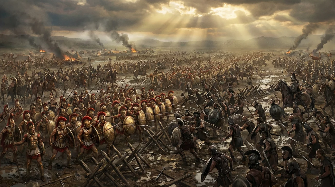 Epic concept art depicting a massive ancient battle, with two armies clashing on a vast plain under a dramatic, stormy sky, rendered in a cinematic digital painting style.