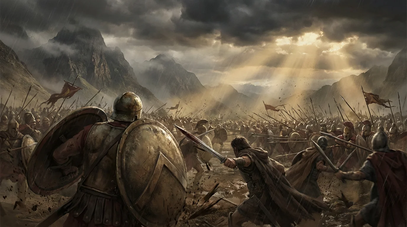 A dramatic piece of concept art depicting an epic, large-scale ancient battle in a valley. Thousands of soldiers are seen fighting under a stormy sky with powerful sunbeams breaking through the clouds.