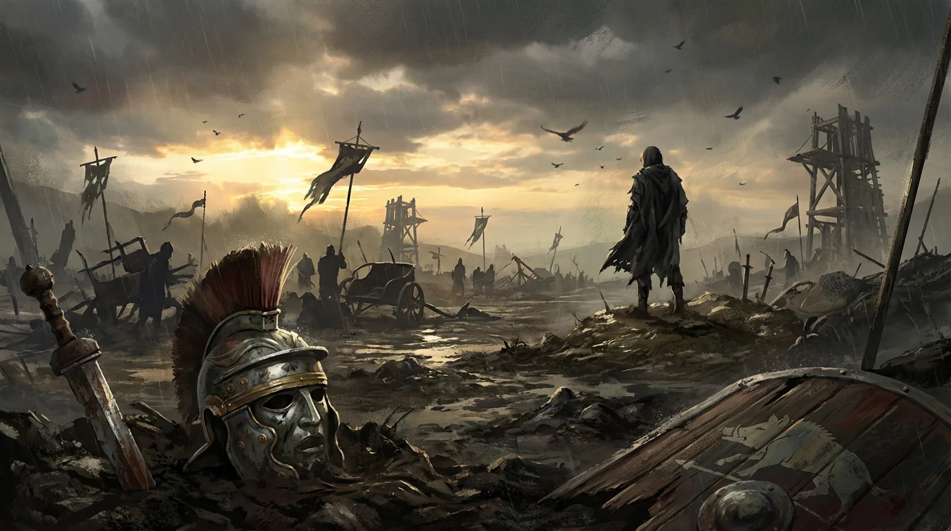 Epic concept art depicting the somber aftermath of an ancient battlefield, with a lone survivor overlooking fallen soldiers and broken weapons under a stormy, sunlit sky.