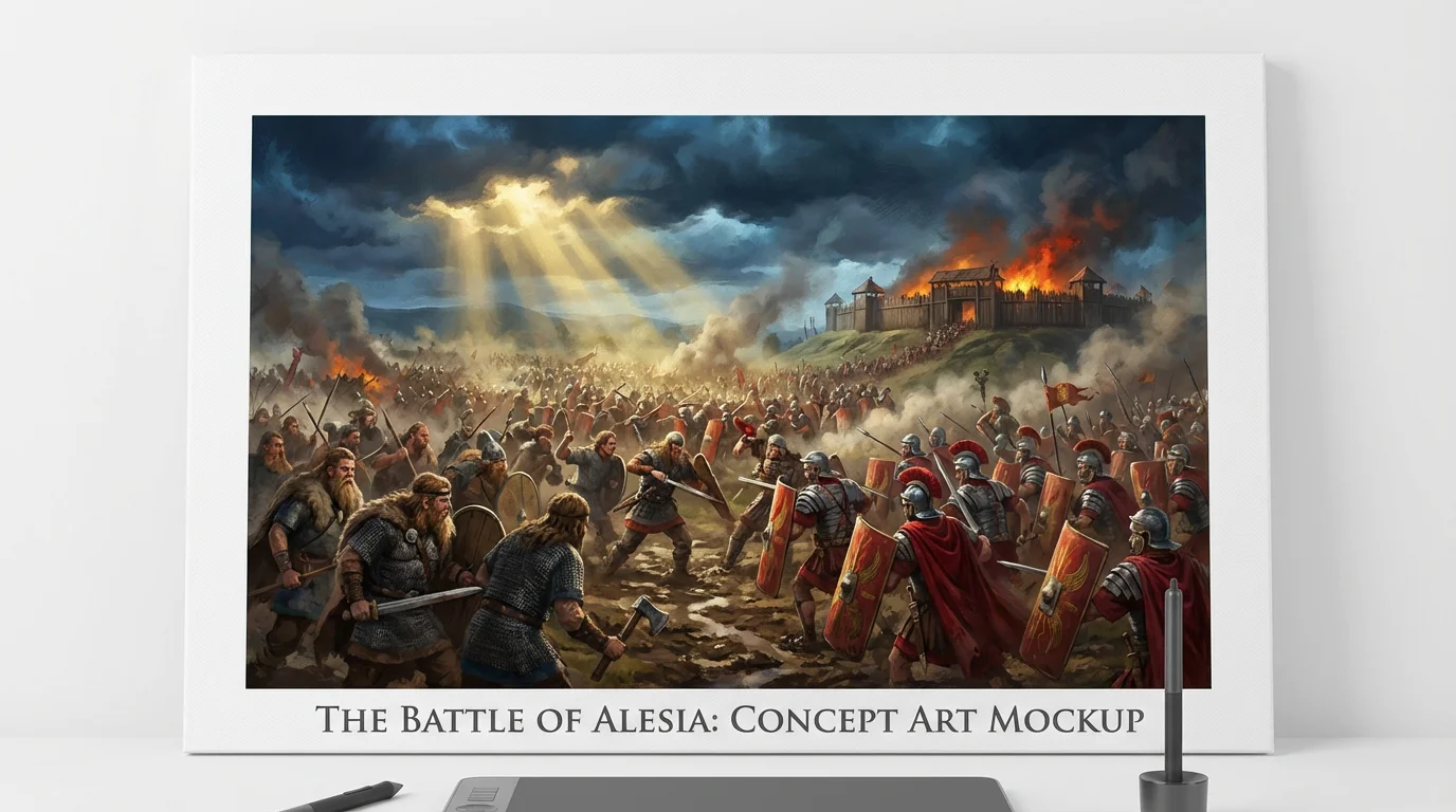 Epic concept art of an ancient battlefield, depicting a massive clash between Roman and Gallic armies under a stormy sky, presented as a digital painting mockup.