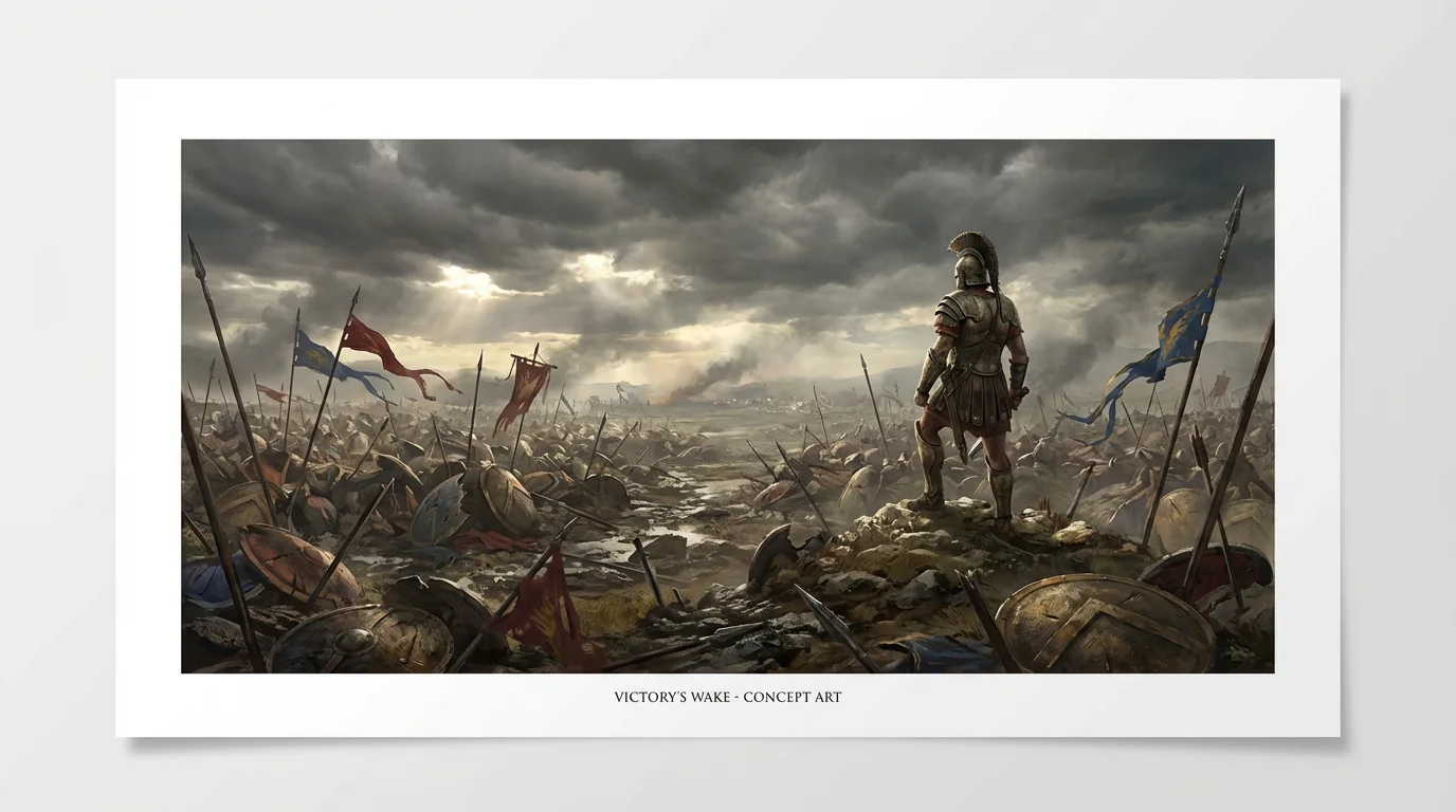 A piece of epic concept art depicting the aftermath of an ancient battle. A lone warrior stands on a hill overlooking a vast field of fallen soldiers and broken weapons under a dramatic, stormy sky. The artwork is displayed against a plain white background.