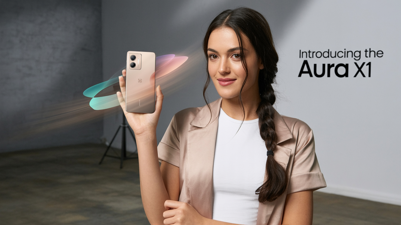 A polished promotional image from a product reveal animation, showing a woman presenting a new smartphone called the 'Aura X1' with dynamic graphic overlays and text.