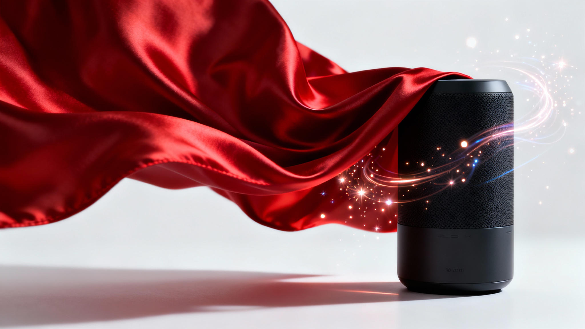A sleek matte black speaker being dramatically unveiled from under a flowing red silk cloth against a white background, representing a product reveal animation.