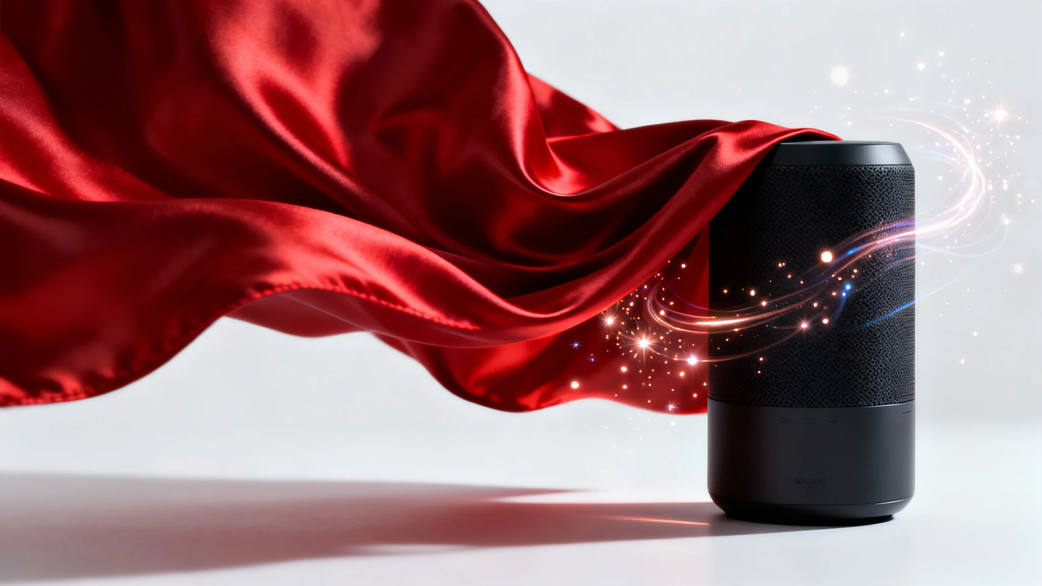 A sleek matte black speaker being dramatically unveiled from under a flowing red silk cloth against a white background, representing a product reveal animation.
