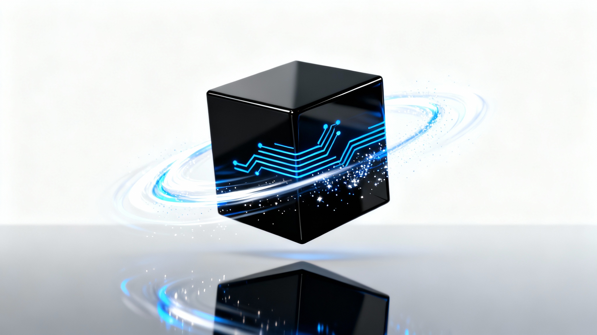 A sleek, black, cube-shaped gadget levitating against a white background, with dynamic blue and white light trails swirling around it to represent a product reveal animation.