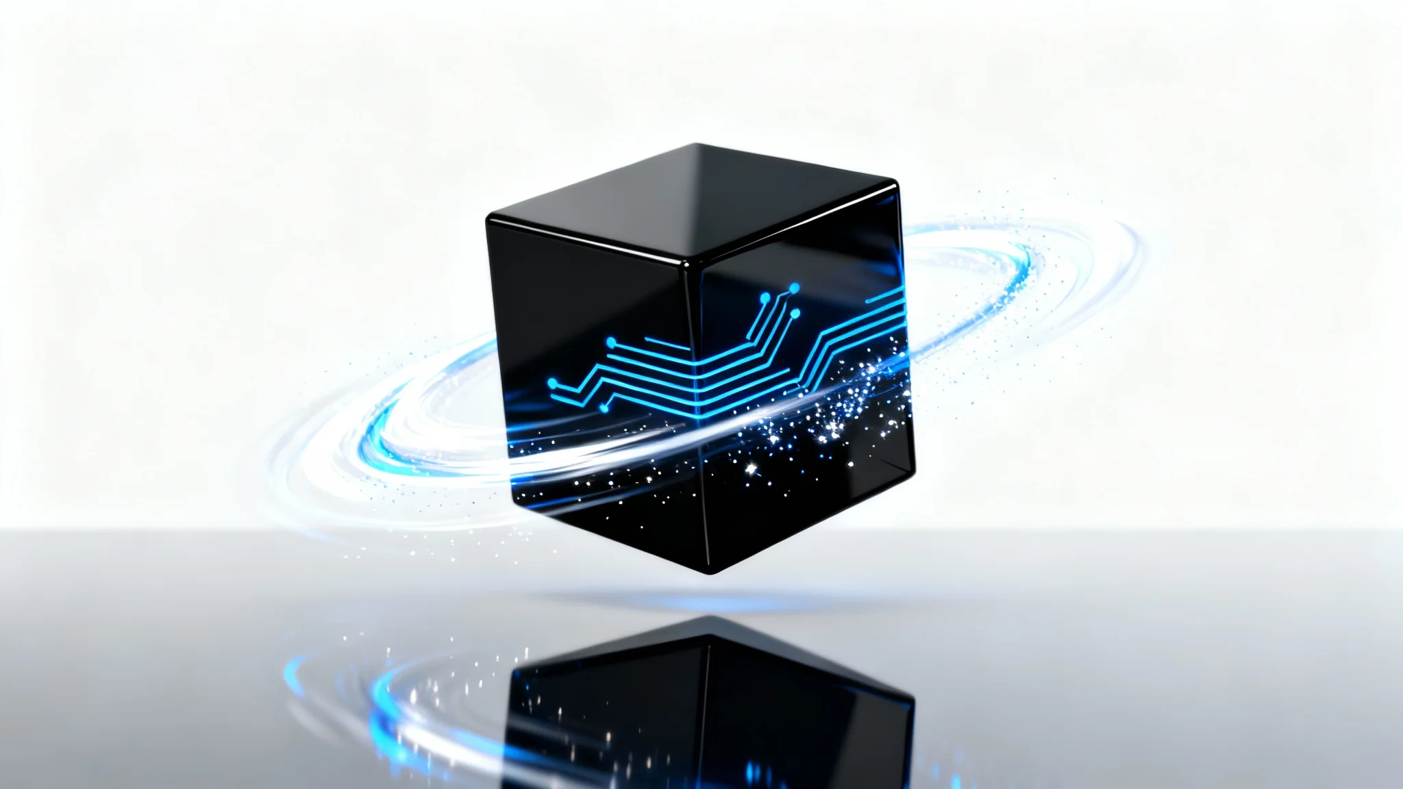 A sleek, black, cube-shaped gadget levitating against a white background, with dynamic blue and white light trails swirling around it to represent a product reveal animation.