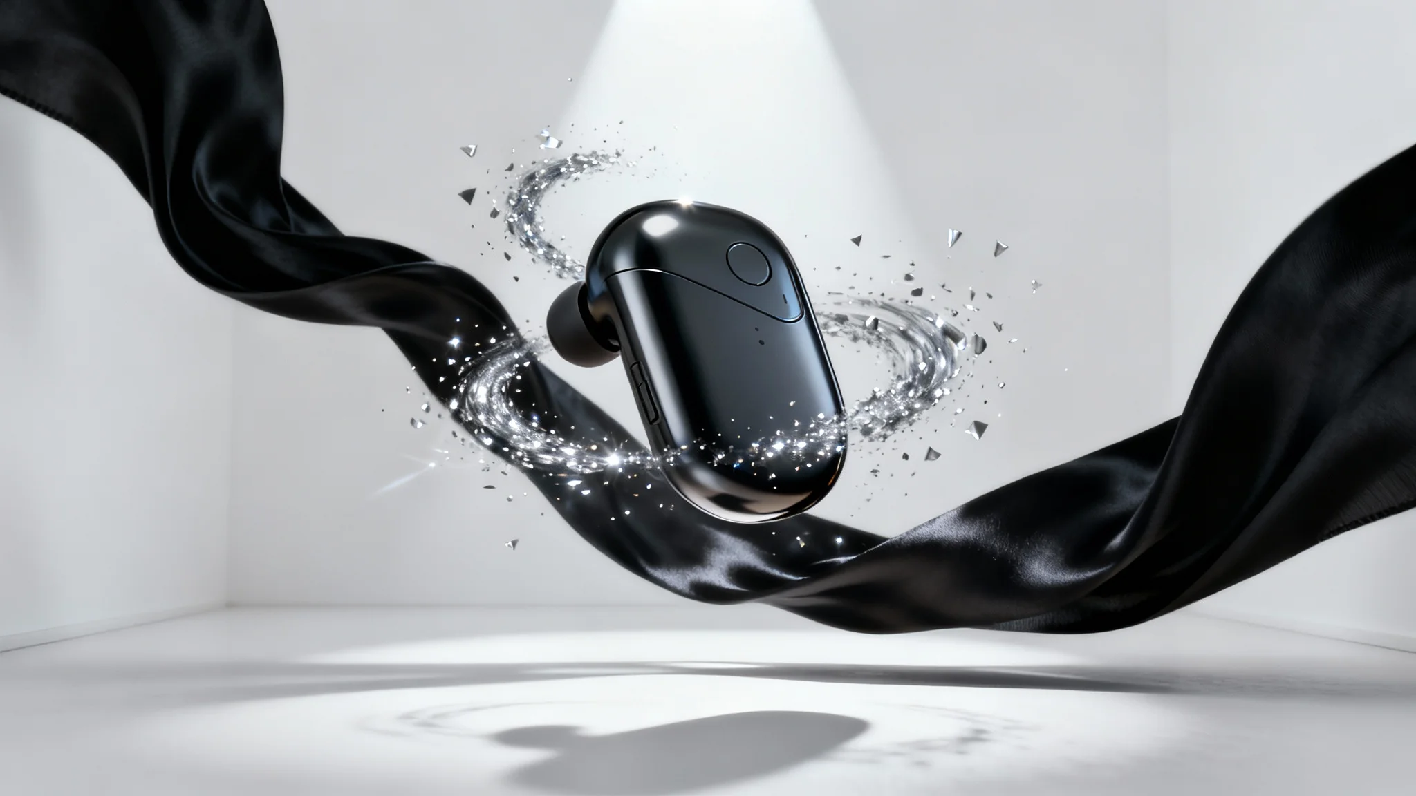 A photorealistic image of a single, sleek black wireless earbud frozen in mid-air against a white background, with swirls of black silk and silver particles animating around it, symbolizing a dramatic product reveal.