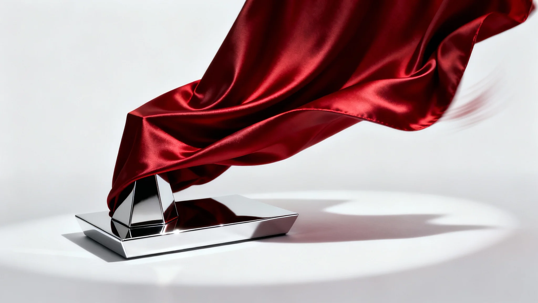 A dramatic product reveal showing a crimson red silk cloth being pulled away from a sleek, metallic object, set against a stark white background.