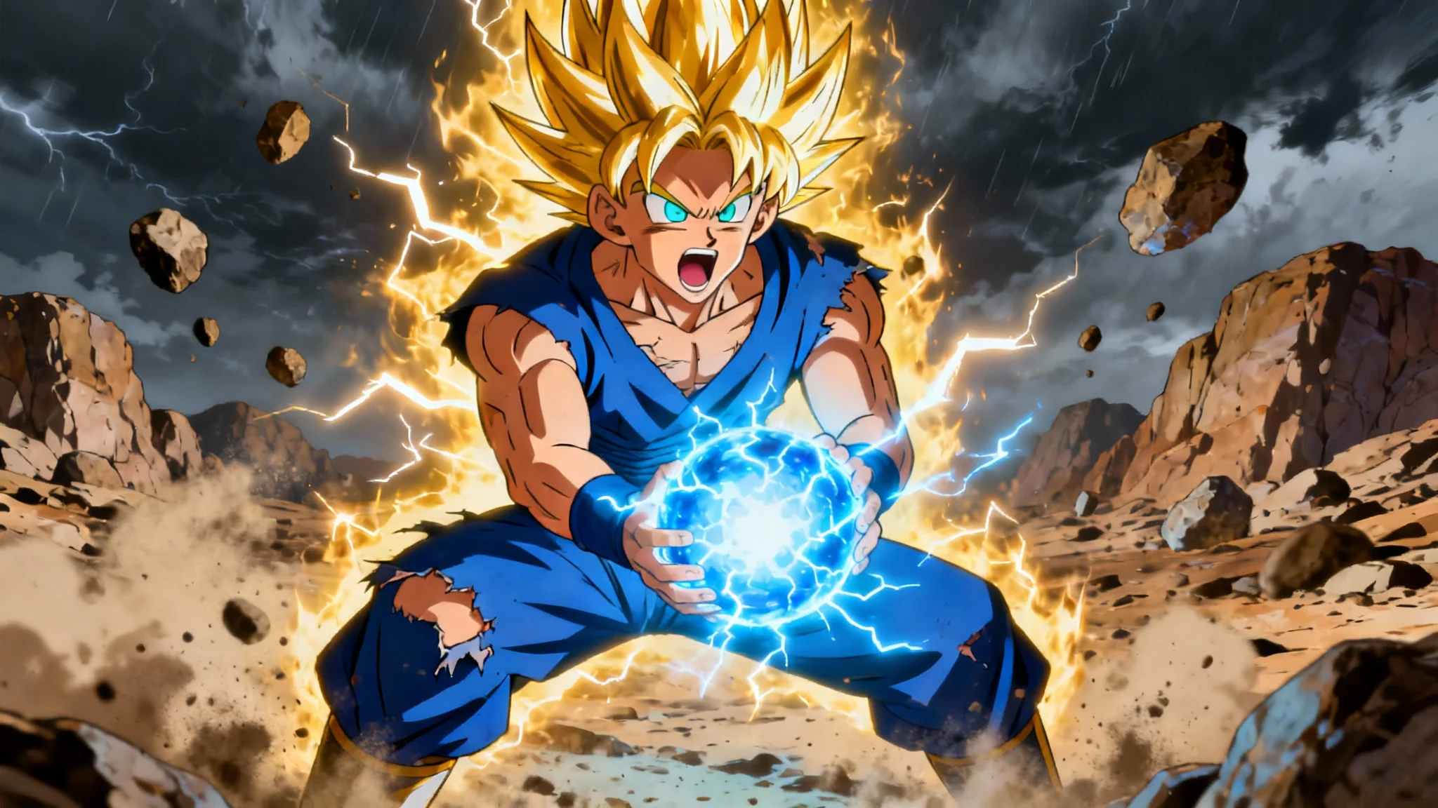 An anime warrior in the style of Dragon Ball Z, with glowing golden Super Saiyan hair, charging a blue energy blast between his hands while surrounded by a fiery aura in a rocky landscape.