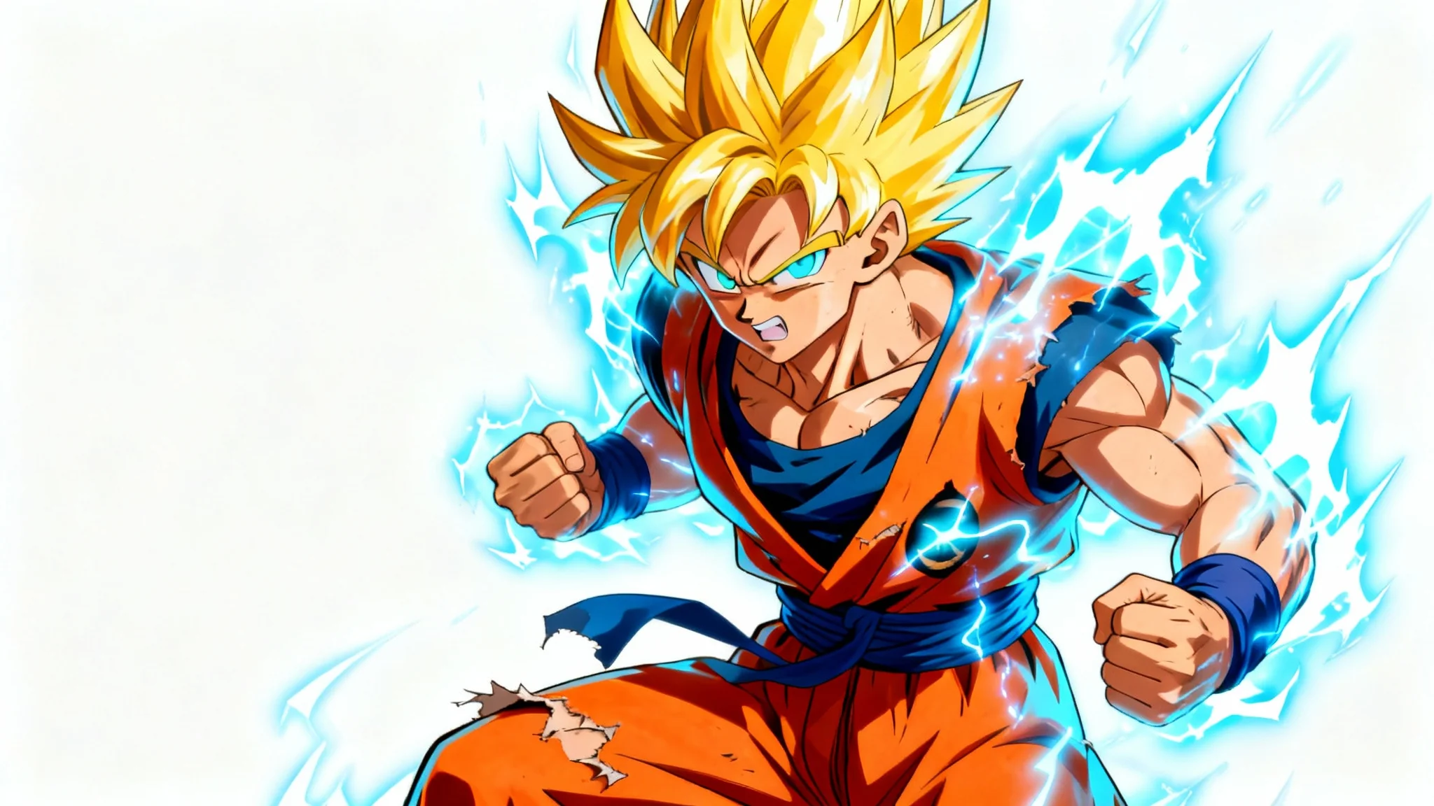 An illustration of Goku from Dragon Ball in his Super Saiyan form, with golden spiky hair and a glowing blue aura, set against a white background.