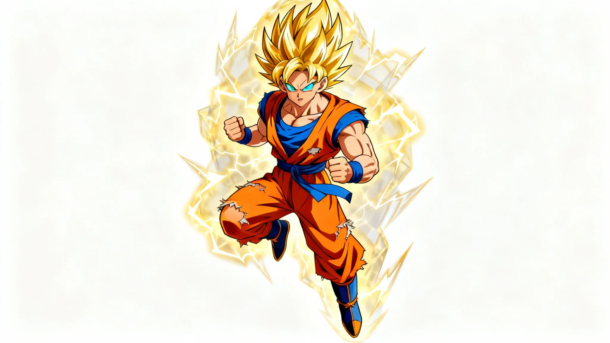 An illustration in the Dragon Ball Z art style of a Super Saiyan warrior with golden hair and a golden aura, in a dynamic fighting pose against a white background.