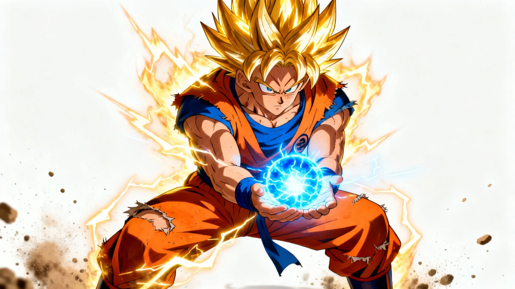 A vibrant anime-style illustration of a hero with spiky golden hair, dressed in an orange gi, charging a blue energy ball in his hands against a white background.