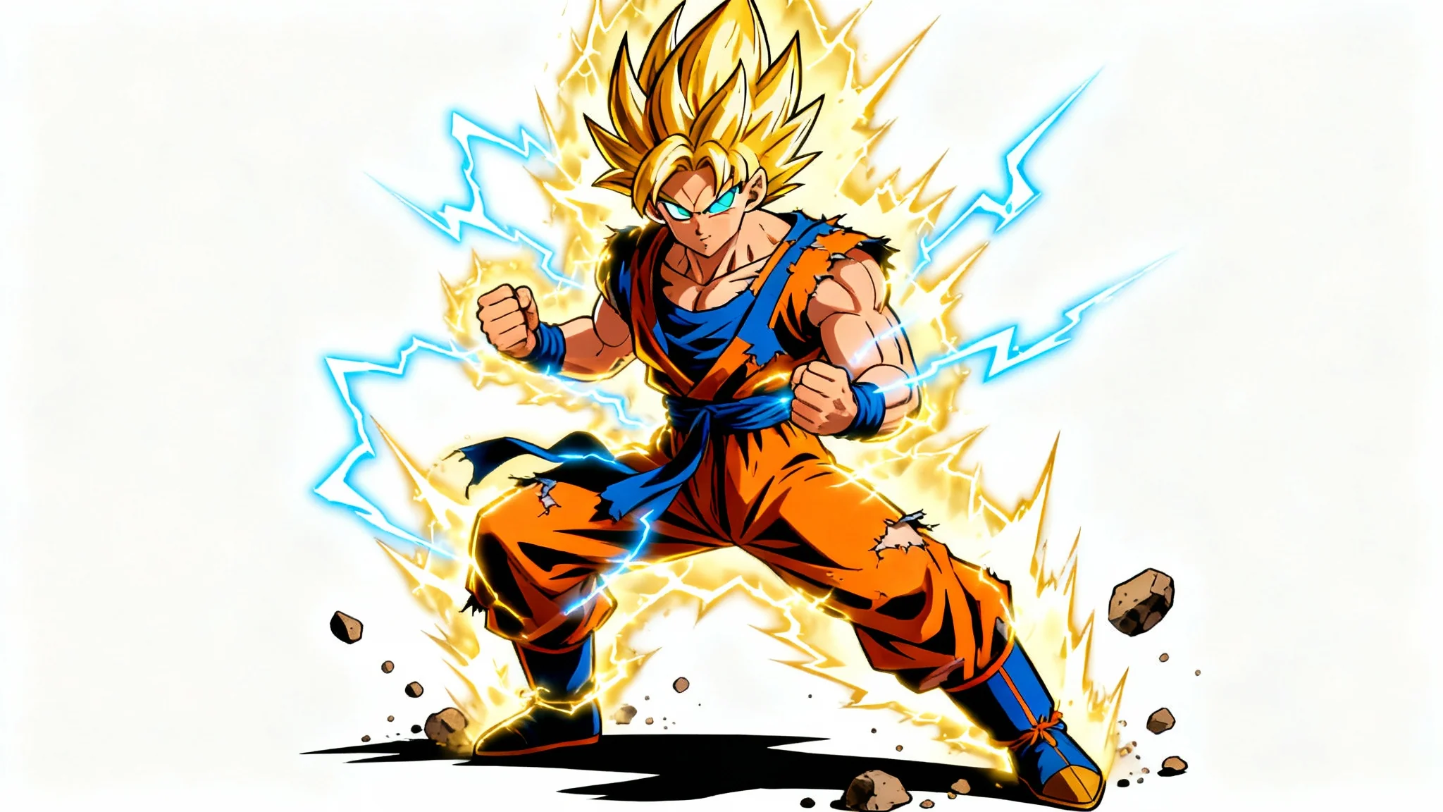 A powerful anime warrior in the Dragon Ball Z style powers up to Super Saiyan, surrounded by a crackling golden aura and blue lightning, isolated against a solid white background.