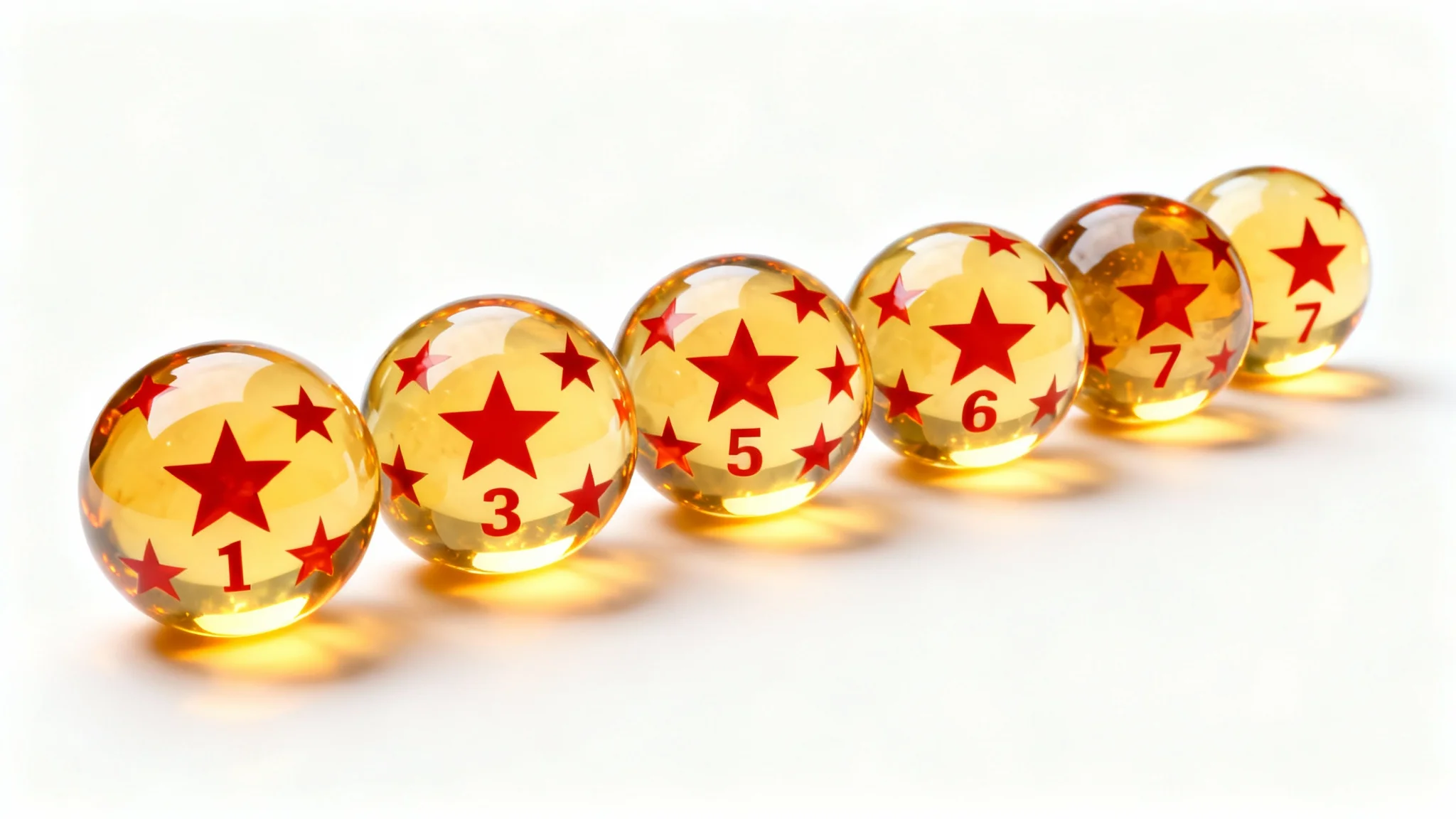 A hyper-realistic studio shot of the seven mystical Dragon Balls arranged in an arc on a clean white background. Each amber sphere glows from within, displaying its unique number of red stars.