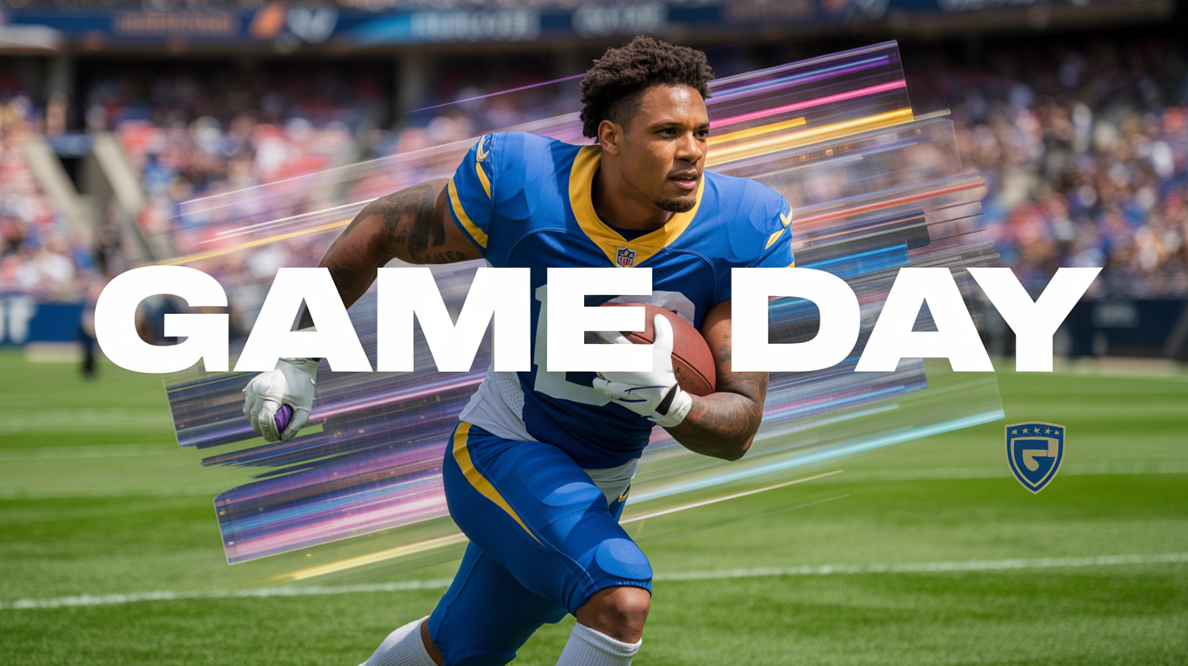 A finished sports advertisement poster showing a football player, who has had their background removed, placed onto a dynamic new graphic background with the text 'GAME DAY'.