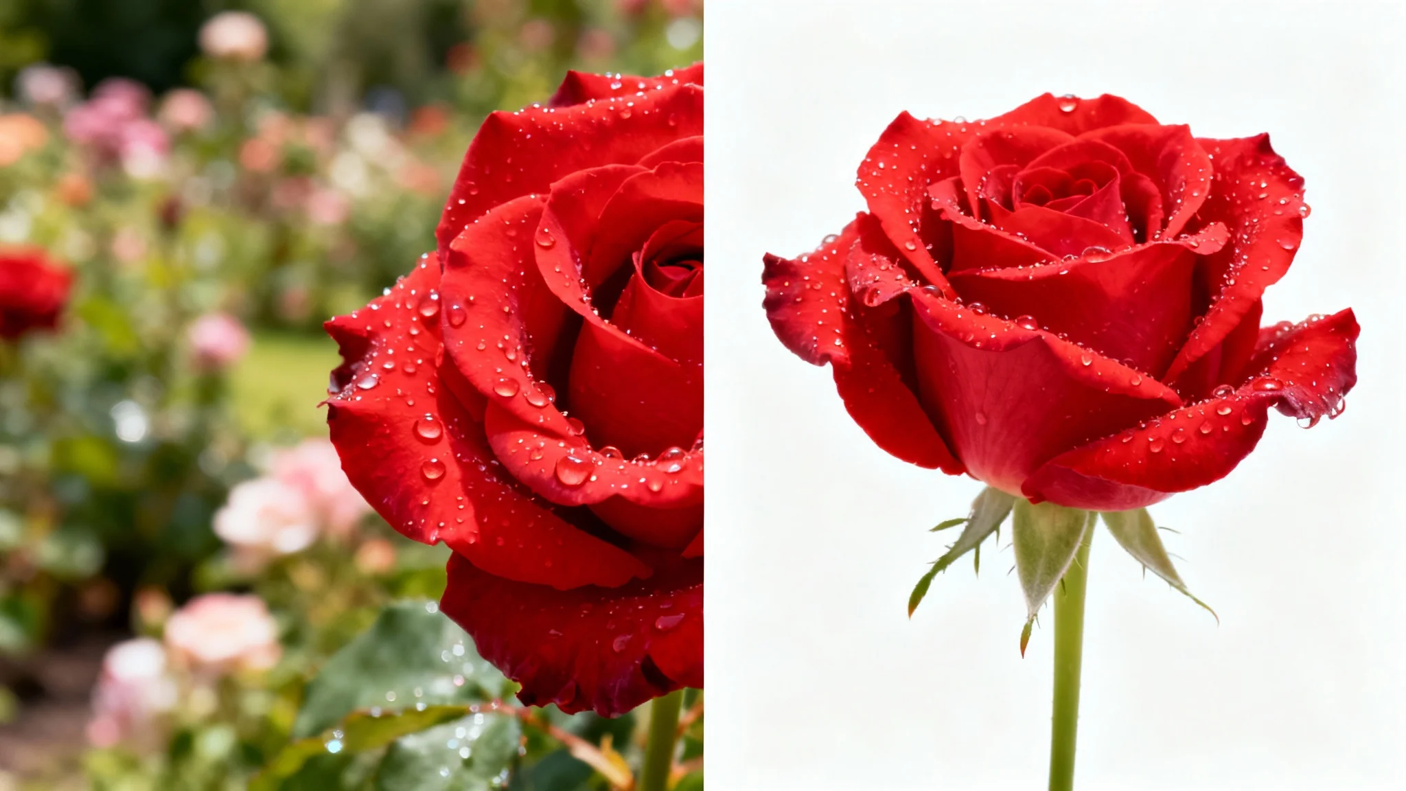 A detailed image of a red rose, half with a garden background and the other half with the background removed and placed on a white surface, demonstrating a transparent background effect.