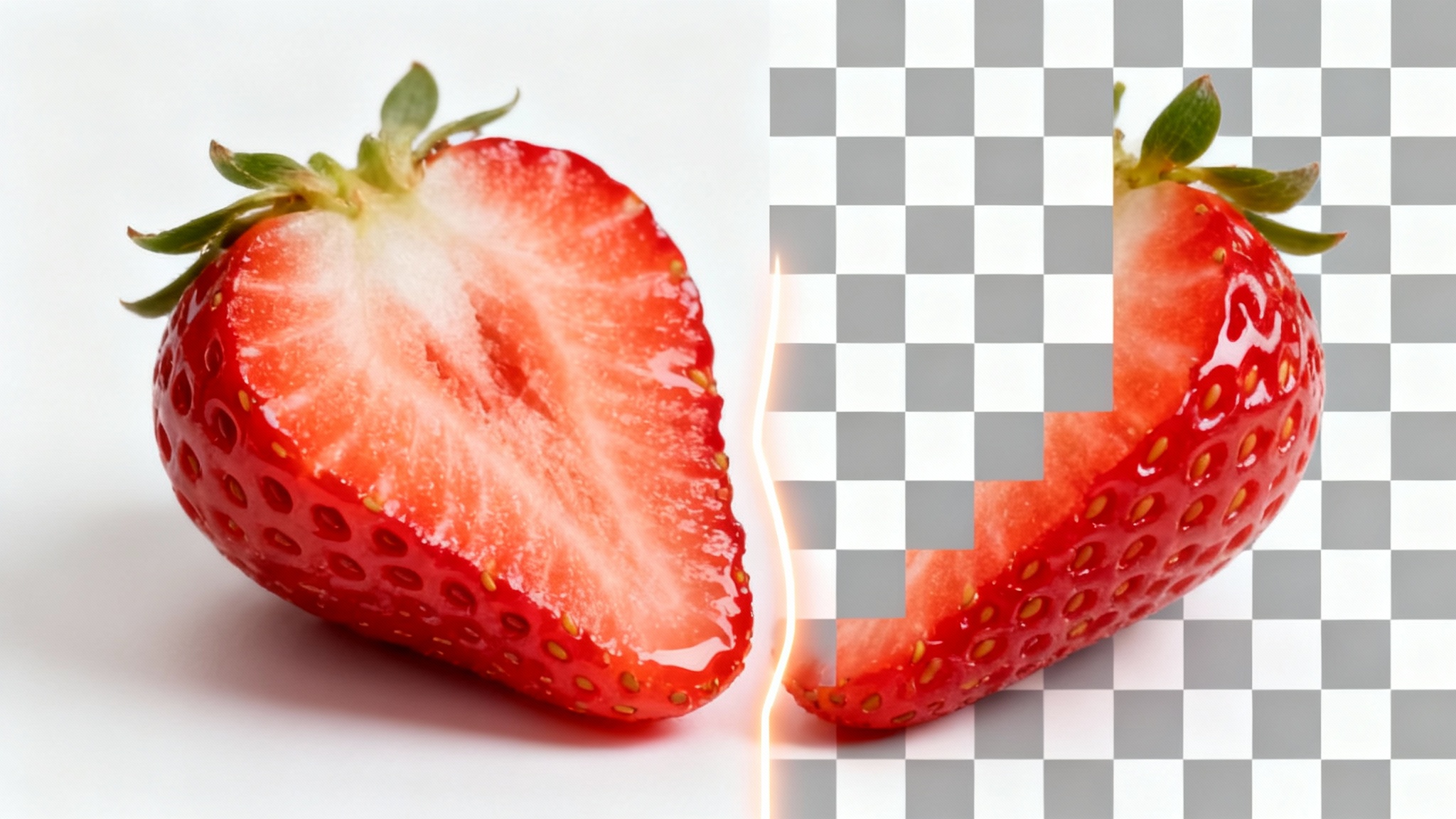 A before-and-after image of a strawberry. The left side shows the strawberry with a busy background, while the right side shows the same strawberry with the background removed, indicated by a transparent checkerboard pattern.