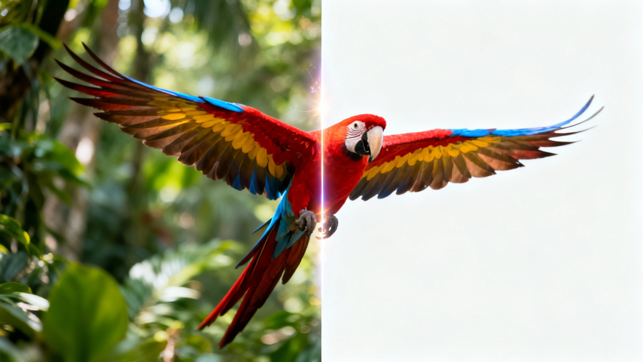 A colorful macaw in mid-flight, with the left side showing its original jungle background and the right side showing it perfectly isolated against a clean white background, demonstrating the background removal process.