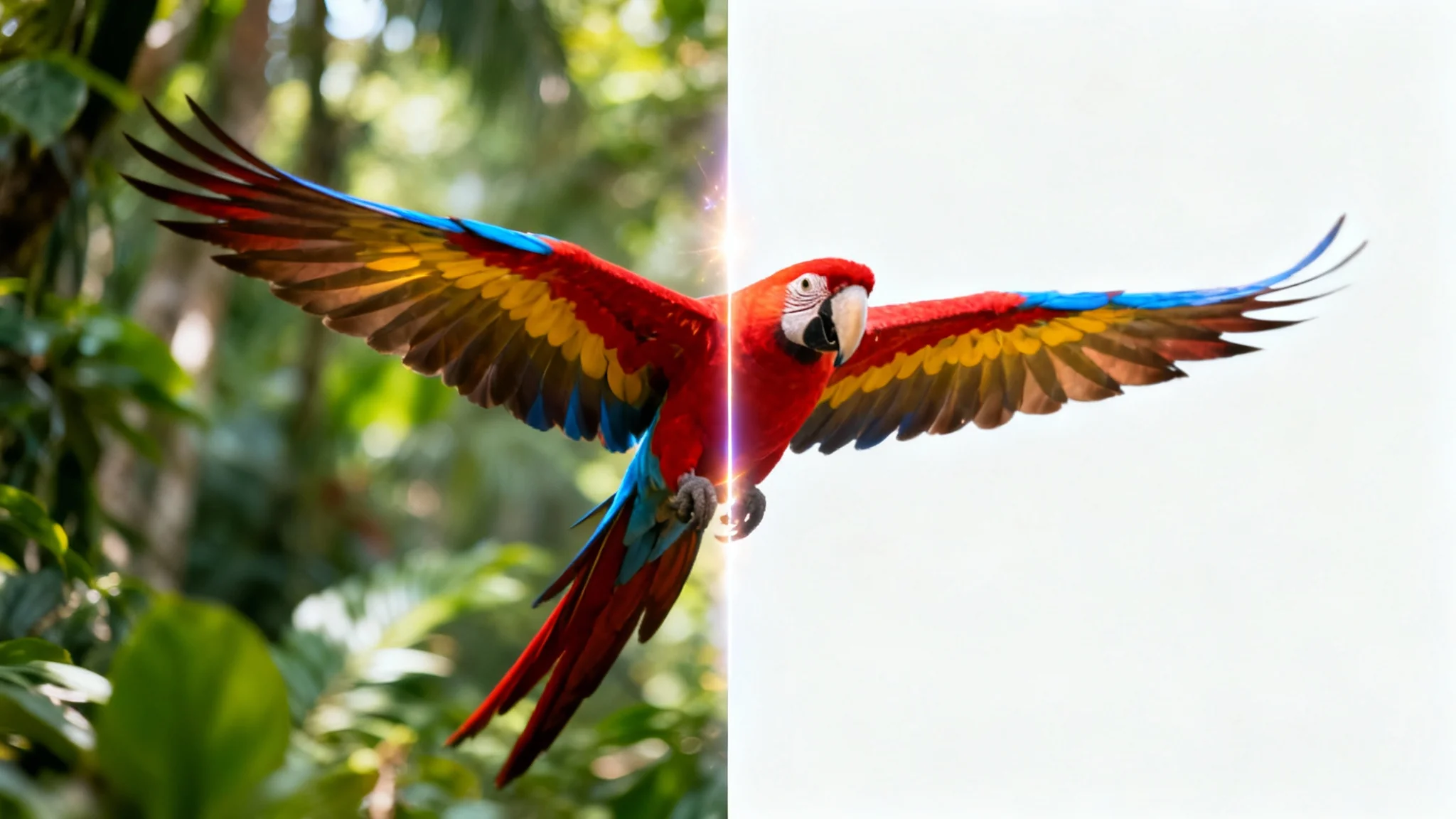 A colorful macaw in mid-flight, with the left side showing its original jungle background and the right side showing it perfectly isolated against a clean white background, demonstrating the background removal process.