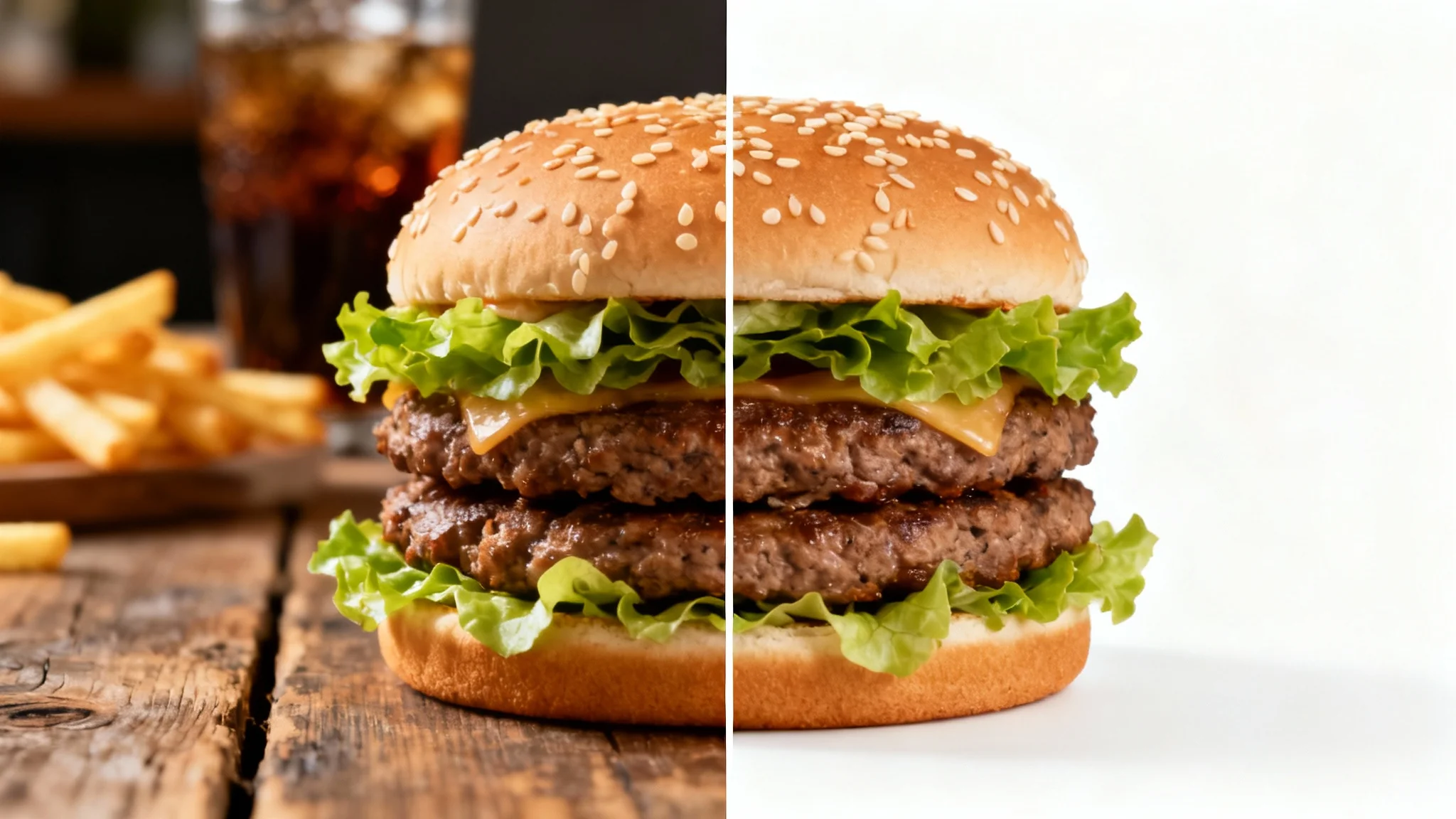 A close-up of a hamburger, split in half to demonstrate a transparent background feature. The left side shows the burger on a wooden table, and the right side shows the burger isolated against a plain white background.