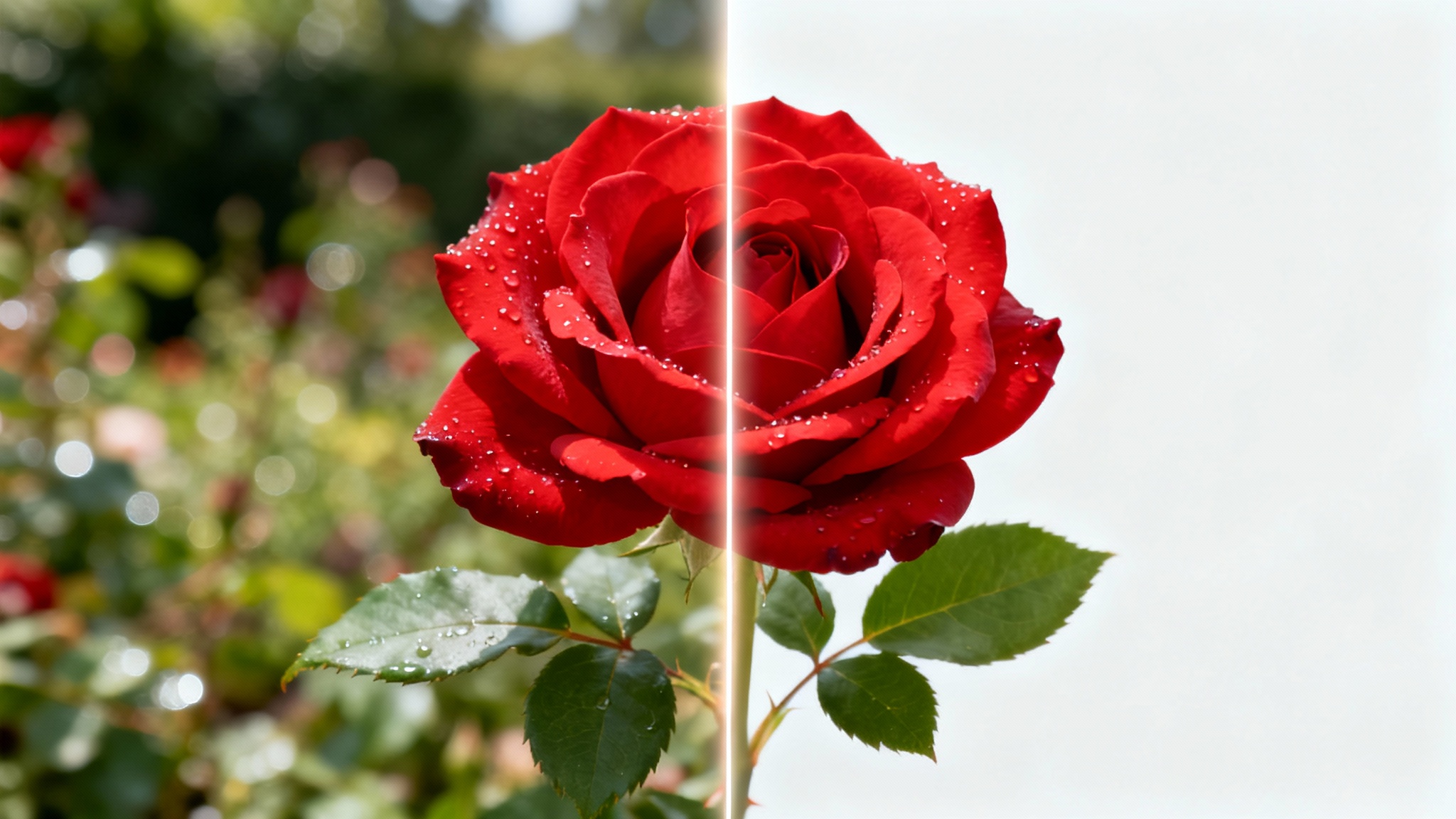 A photorealistic image of a red rose, with one half on a blurry garden background and the other half on a clean white background, demonstrating the concept of background removal.