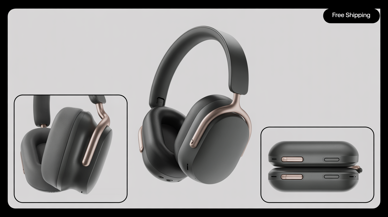 A professional eBay product listing image showing a pair of high-end wireless headphones from multiple angles against a clean background, with a 'Free Shipping' badge.