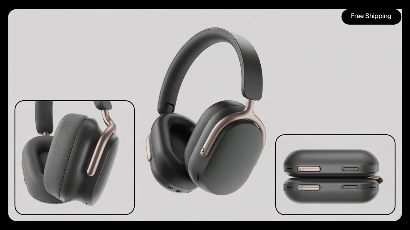 A professional eBay product listing image showing a pair of high-end wireless headphones from multiple angles against a clean background, with a 'Free Shipping' badge.
