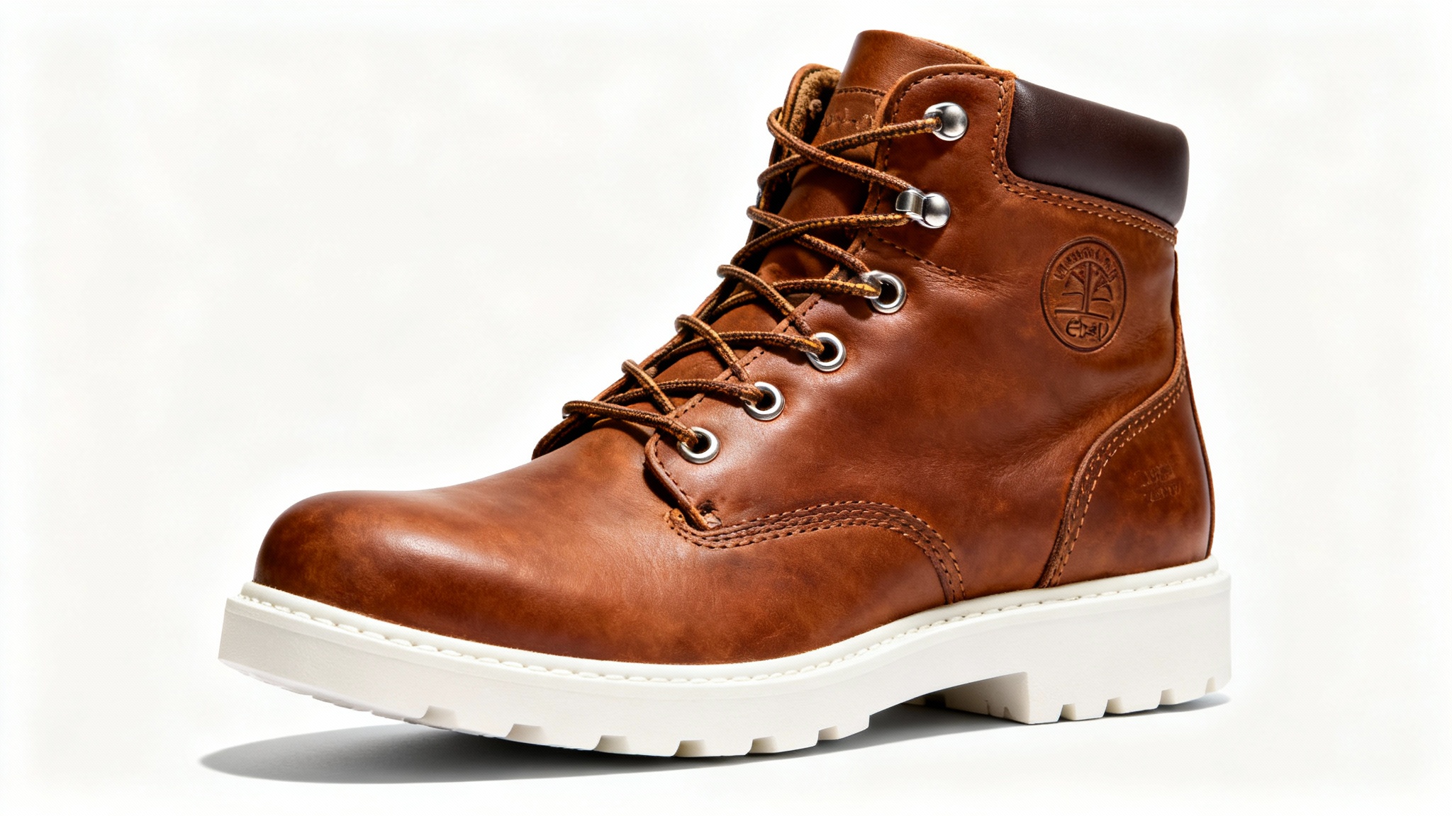 A professional product photo of a single brown leather hiking boot on a clean white background, suitable for an eBay listing.