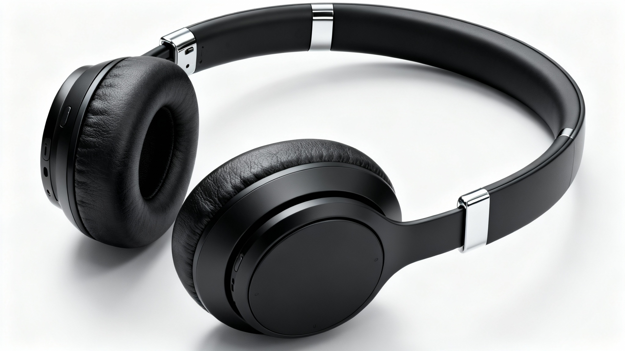 A professional product photograph of a pair of modern matte black and silver wireless headphones, shown at an angle on a clean white background for an eBay listing.