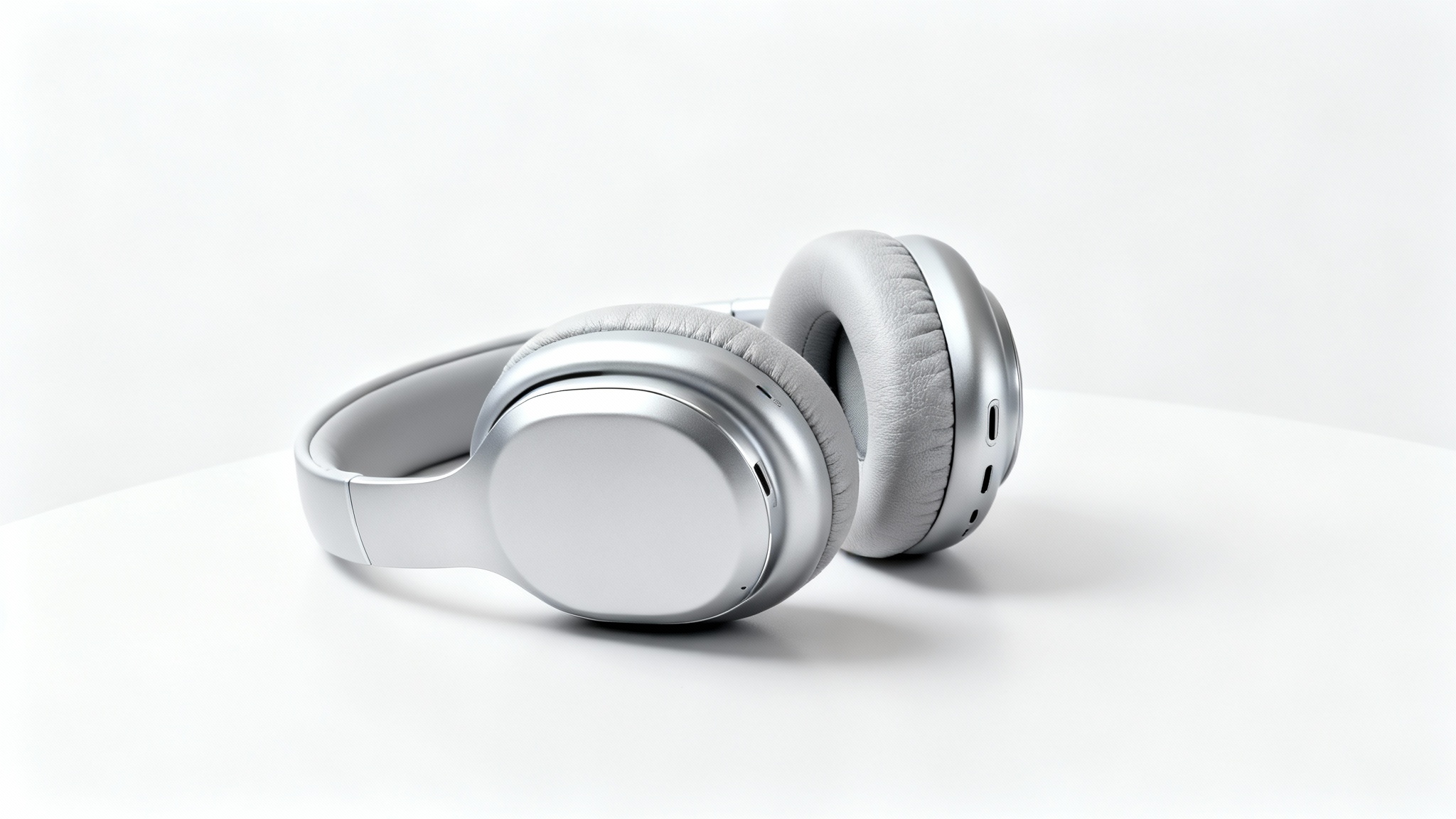 A professional product shot of sleek, matte silver wireless headphones resting on their side against a clean white background, highlighting their modern design.