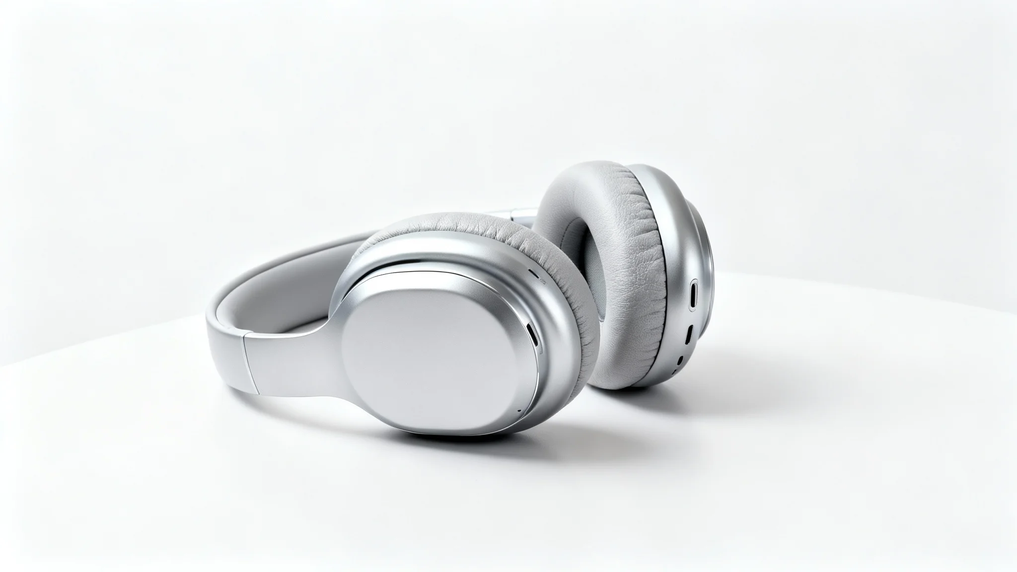A professional product shot of sleek, matte silver wireless headphones resting on their side against a clean white background, highlighting their modern design.