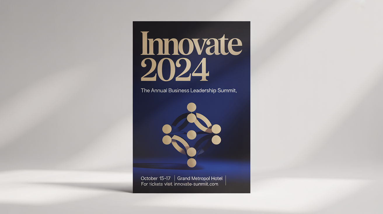 A professional mockup of a promotional poster for a business leadership summit called 'INNOVATE 2024', displayed against a plain white background.