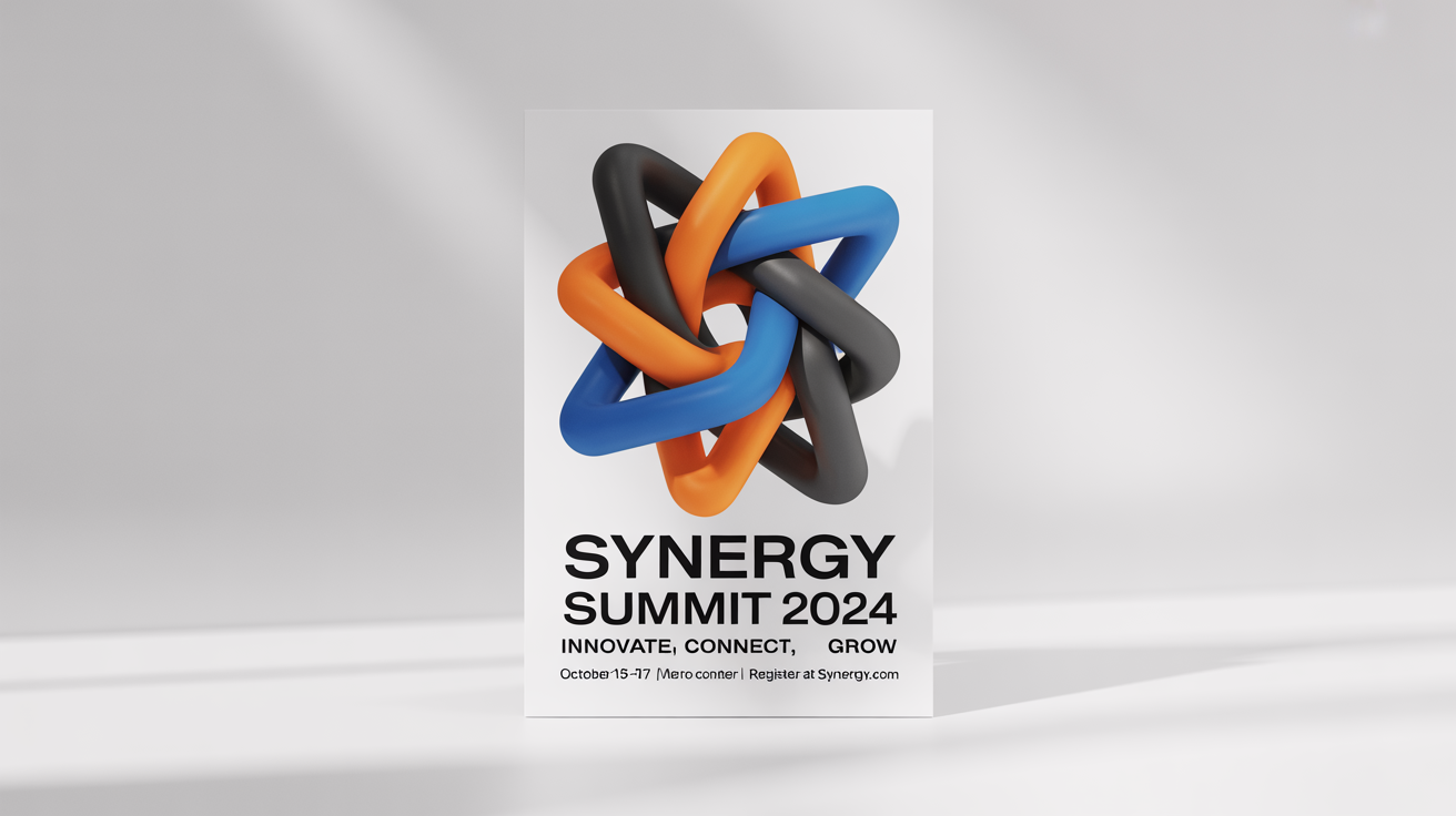 A mockup of a modern promotional poster for a business event called 'Synergy Summit 2024', featuring abstract geometric graphics and event details against a white background.