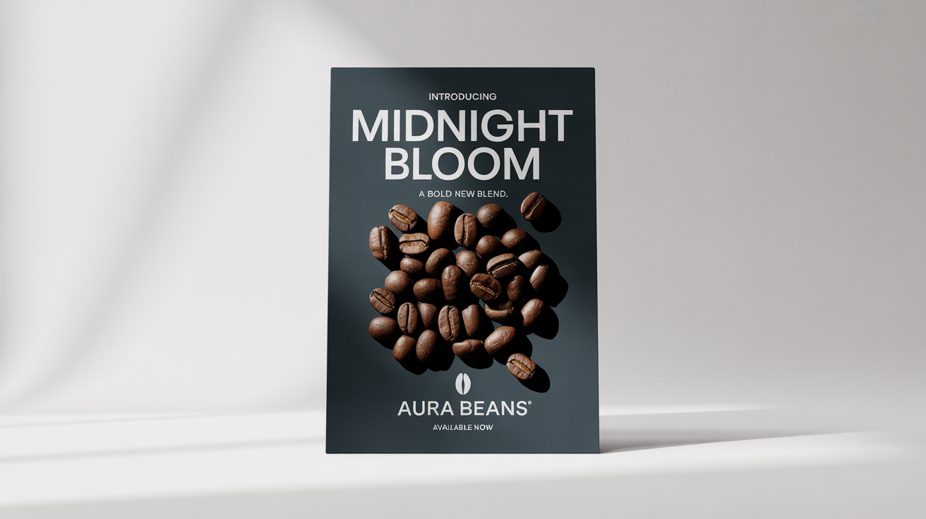 A mockup of a dark, elegant promotional poster for a new coffee product called 'Midnight Bloom' by 'Aura Beans', shown against a clean white background.