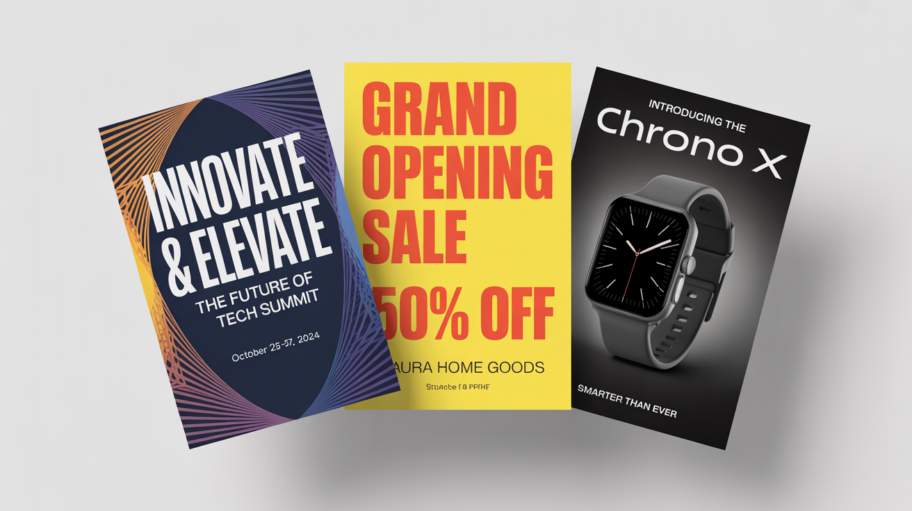 A collection of three professionally designed promotional posters for a business event, a grand opening sale, and a new product launch, arranged on a white background.