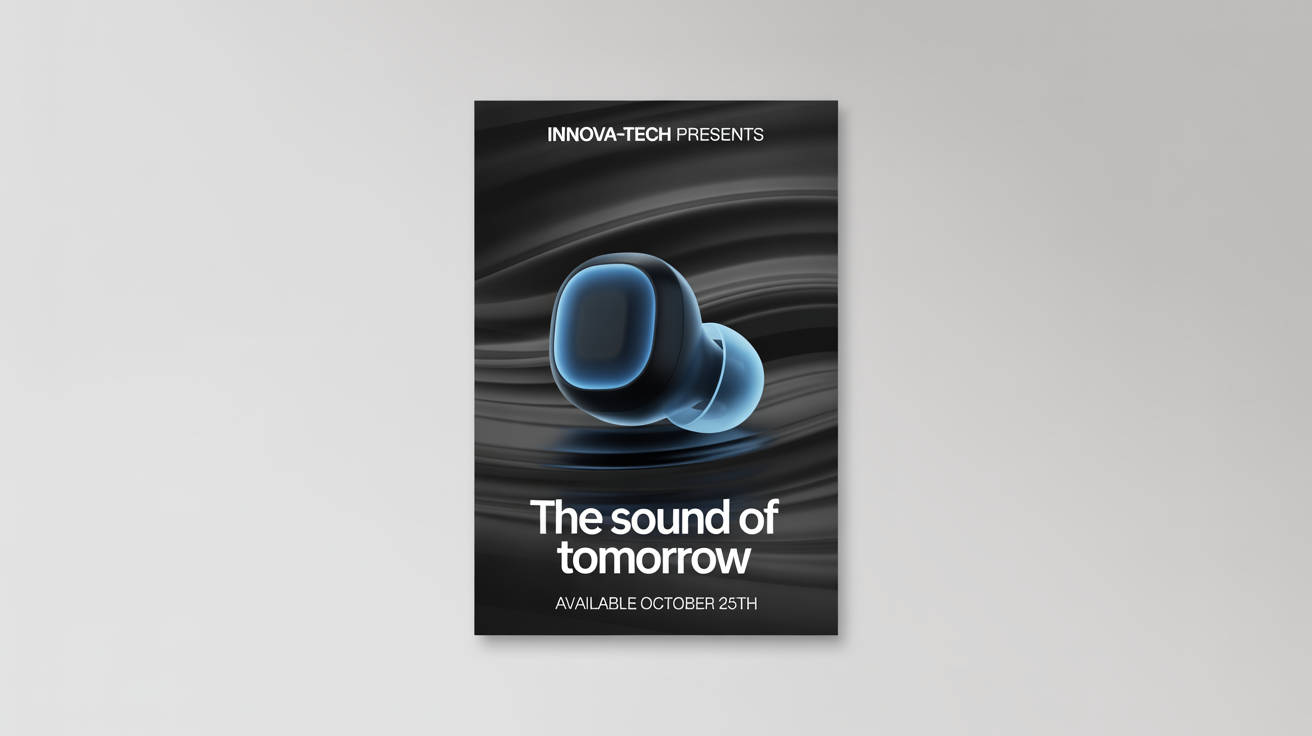 A professionally designed promotional poster for a new product launch by 'INNOVA-TECH', featuring a futuristic earbud and the text 'THE SOUND OF TOMORROW', presented as a mockup against a white background.