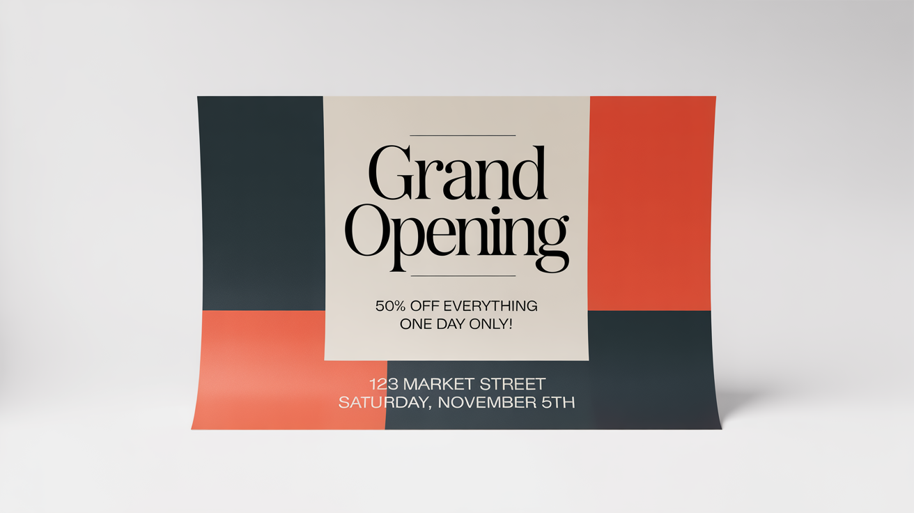 A mockup of a modern and minimalist promotional poster announcing a 'Grand Opening' sale with 50% off, displayed against a clean white background.