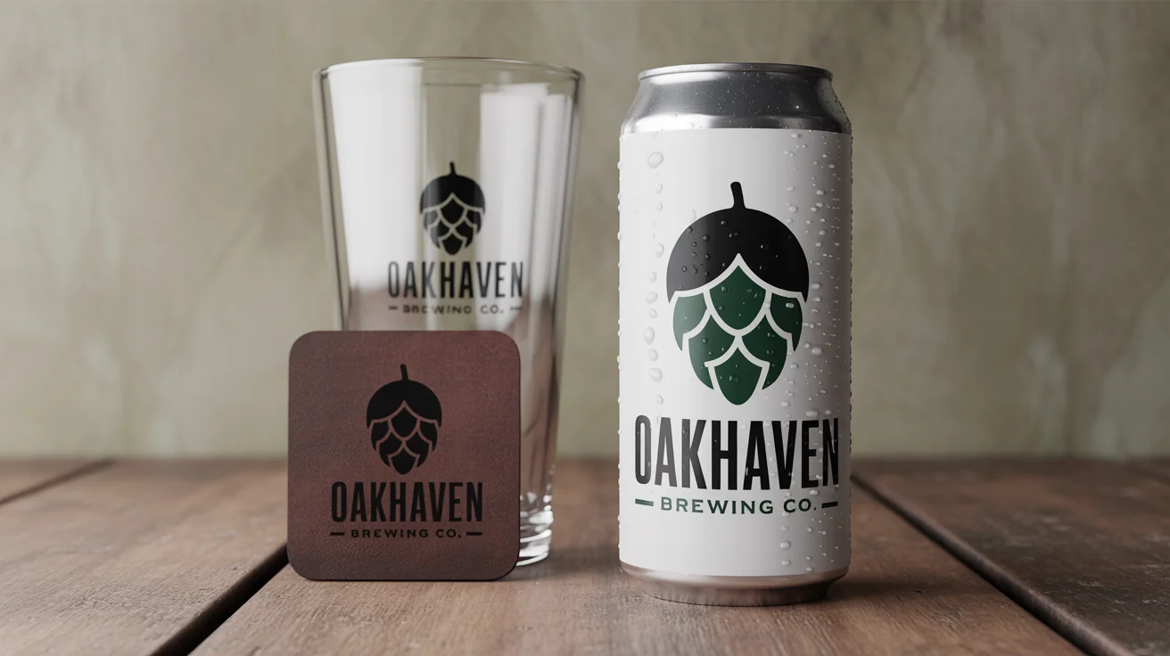 A professional mockup displaying the logo for 'Oakhaven Brewing Co.' on a beer can, a pint glass, and a leather coaster, all arranged on a wooden table.