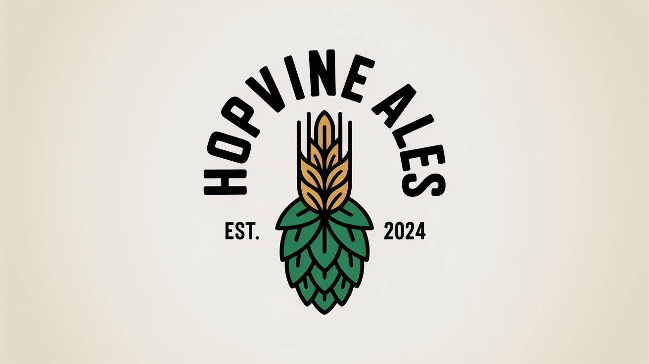A modern, circular logo for 'Hopvine Ales' brewery, featuring a green hop cone and golden barley on a white background, with 'EST. 2024' written below.