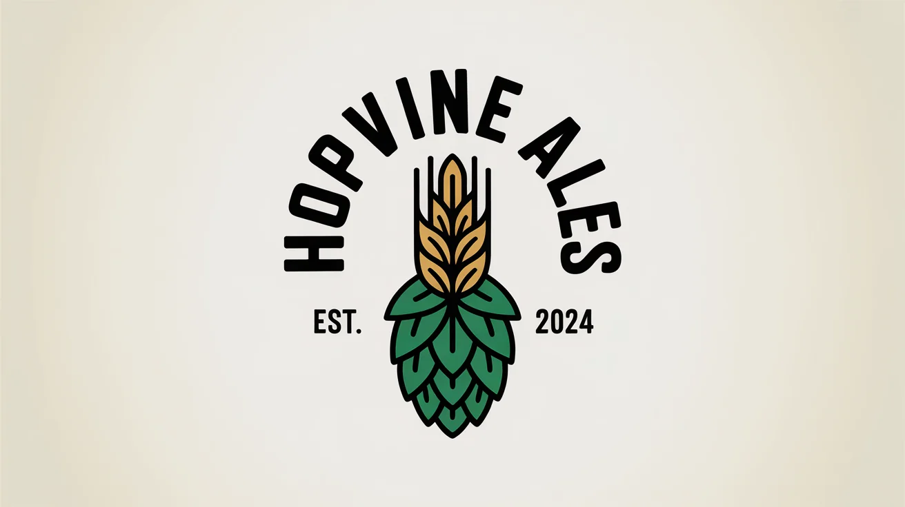 A modern, circular logo for 'Hopvine Ales' brewery, featuring a green hop cone and golden barley on a white background, with 'EST. 2024' written below.