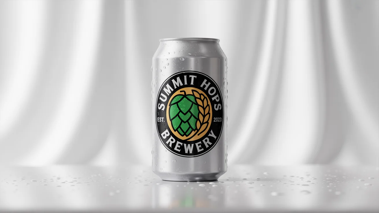 A professional mockup of a craft beer can featuring a circular logo for 'Summit Hops Brewery' with a hop and barley design, set against a solid white background.