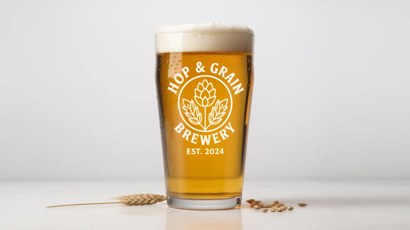 A photorealistic mockup of a brewery logo for 'Hop & Grain Brewery' etched onto a pint glass filled with golden beer, set against a plain white background.