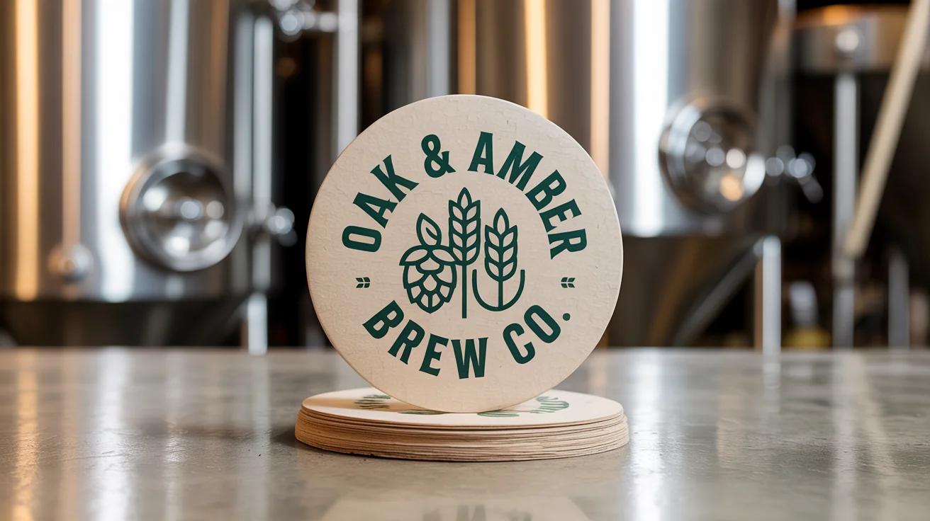 A modern, minimalist brewery logo for 'Oak & Amber Brew Co.' featuring a hop and barley icon, mocked up on a paper coaster against a white background.